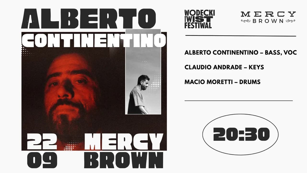 A magazine article hero image featuring Alberto Continentino with red lighting on his face, next to text about a festival and performers.