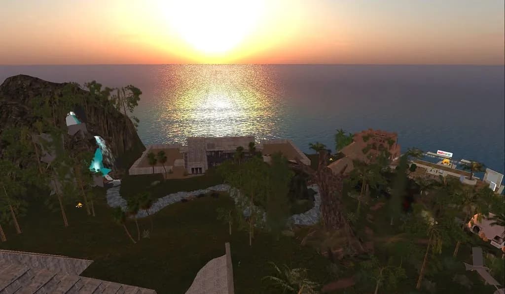 A wide shot of a tropical coastline at sunset, with a large building nestled among palm trees, and the sun reflecting brightly on the ocean's surface.